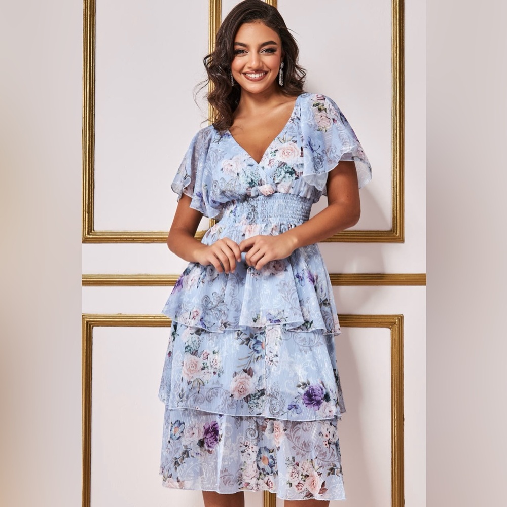 Layered Floral Midi Dress With Flutter Sleeves